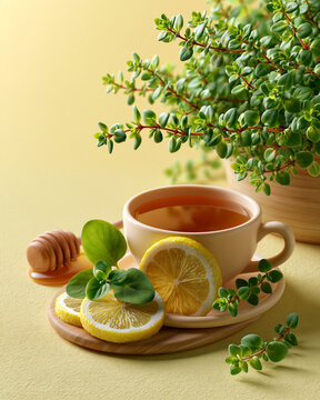 Fresh thyme sprigs lemon slices honey and herbal tea with thymol molecular overlays highlighting botanical wellness and food science