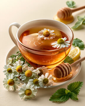 Fresh chamomile flowers honey lemon balm and herbal tea with apigenin molecular structures highlighting botanical relaxation and wellness