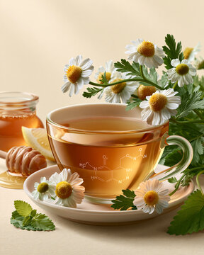 Fresh chamomile flowers honey lemon balm and herbal tea with apigenin molecular structures highlighting botanical relaxation and wellness