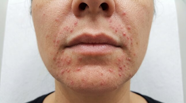 Close up of woman lower face with severe perioral dermatitis and papules