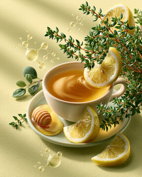 Fresh thyme sprigs lemon slices honey and herbal tea with thymol molecular overlays highlighting botanical wellness and food science