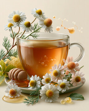 Fresh chamomile flowers honey lemon balm and herbal tea with apigenin molecular structures highlighting botanical relaxation and wellness