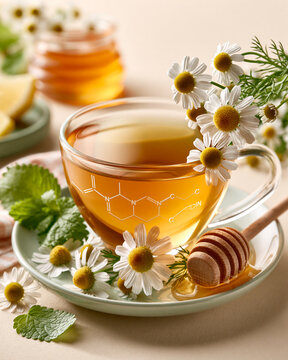 Fresh chamomile flowers honey lemon balm and herbal tea with apigenin molecular structures highlighting botanical relaxation and wellness