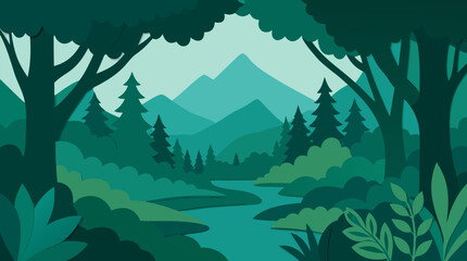 Obraz premium Layered paper cut forest landscape in deep teal and emerald tones, with winding river, pine silhouettes, lush foliage and distant mountains, serene nature scene for eco travel poster design