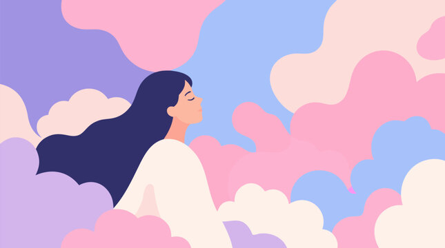 Dreamy woman drifting among soft cotton candy pastel cloud blobs in pink, lavender and sky blue, calm surreal vector scene for mindfulness, imagination, wellness and gentle aesthetic design