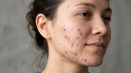 Naklejka premium Close up side view of woman face skin with severe acne scars and post inflammatory erythema