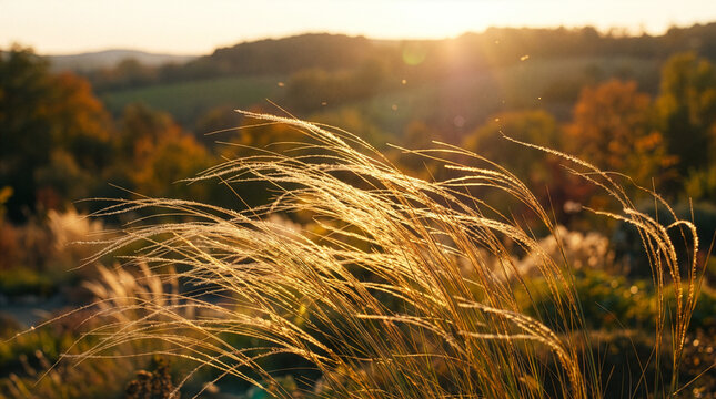 Golden hour sunlight glowing through delicate feather grass stems natural wallpaper.