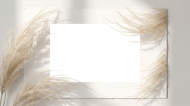 Elegant delicate feather grass stems framing the corners of a blank white background.