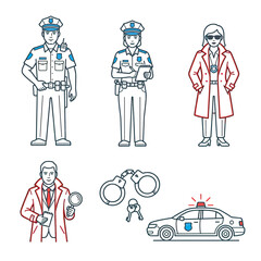 Police Officers, Detective, Handcuffs, and Patrol Car Vector Icons © kisut
