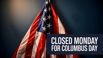 American flag hanging against a dark blue wall with a sign that reads closed monday for columbus day