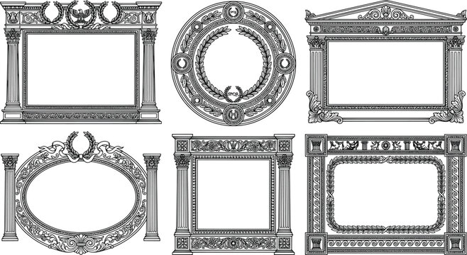 Set of six ornate classical frames with architectural details, pediments, and laurel wreaths transparent background