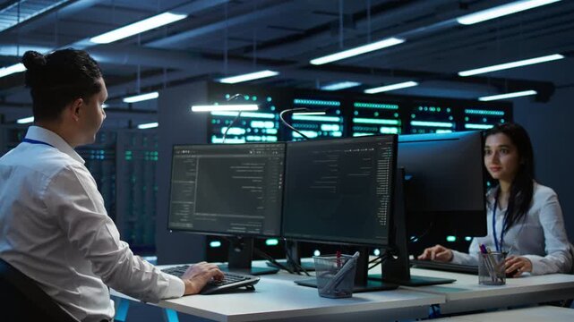 IT specialist provides technical support within a server infrastructure workspace, aligning network security, data protection and database reliability during technical service management