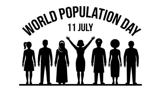 World Population Day 11 July banner, diverse group of people silhouettes, global community and multicultural society vector illustration