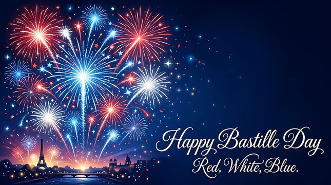 Fireworks display over paris skyline vector illustration with celebratory text