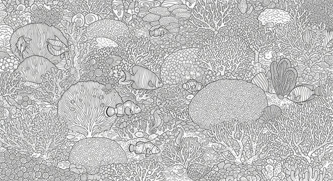 Intricate coral reef line art with tropical fish and anemones