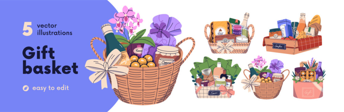 Gift baskets set. Holiday presents with snacks, confectionery, wine and beauty products. Food, sweets, cosmetics kits in wood box, wicker, hamper. Flat vector illustration isolated on white background