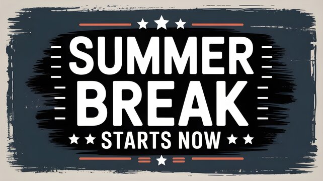 Summer break starts now sign, vintage style typography poster with grunge texture, vector illustration for seasonal vacation announcement or summer party invitation