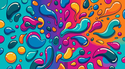 Fototapeta premium Vibrant abstract background with glossy liquid drop shapes, colorful fluid blobs and organic splatters on smooth rainbow gradient surface, modern playful vector design