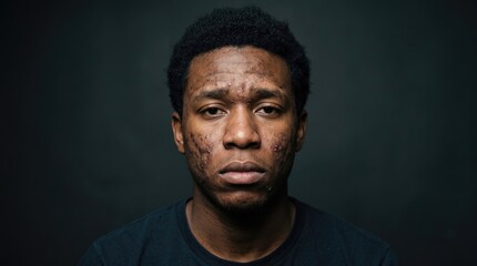Fototapeta premium Front portrait of young black man facing severe cystic acne breakouts with sad expression