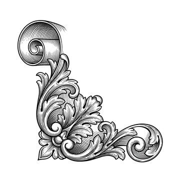 Vintage Engraved Paper Scroll Corner Element