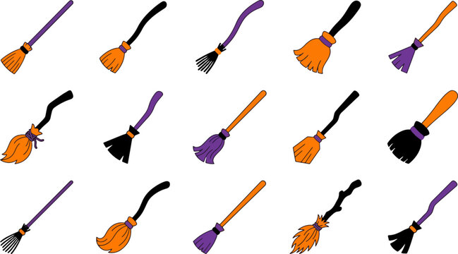 Set of cute cartoon halloween broomsticks for witchcraft and magical spells design
