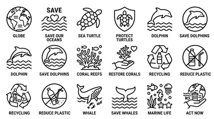 Ocean conservation line icons set, marine life protection and plastic recycling symbols, 18 eco-friendly vector elements for environmental awareness © FATEMA