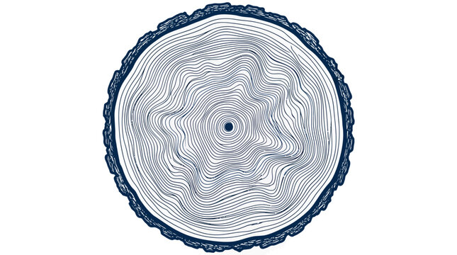 Stylized vector illustration of a tree trunk cross-section with detailed annual growth rings and textured bark edge, Symbolizing environmental sustainability and natural growth