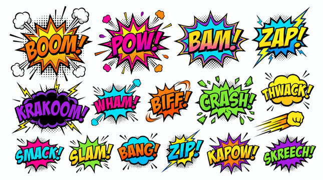 Colorful comic speech bubbles with explosion sound effects like BOOM and POW in vibrant pop art style, illustrating dynamic action in cartoons and games, representing energetic retro design