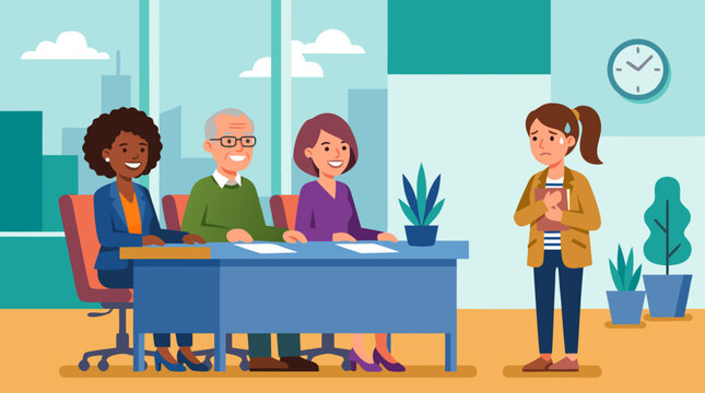 Diverse hiring panel warmly welcomes anxious job applicant in modern office, smiling interviewers at desk, inclusive recruitment scene with city windows, plants, clock and supportive career atmosphere