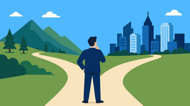 Businessman at forked road choosing between green mountain path and modern city skyline, career decision vector illustration about strategy, opportunity, lifestyle and future direction planning