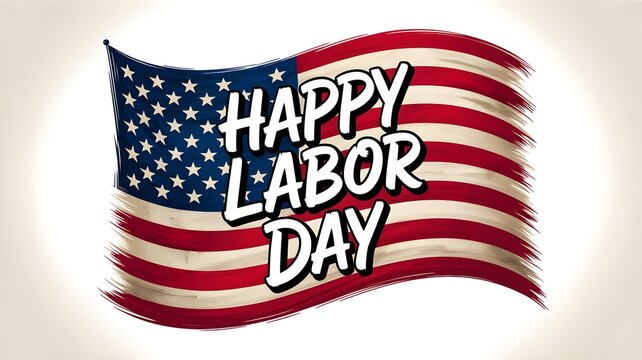 Happy labor day text with american flag background patriotic holiday design with stars and stripes, brush stroke style illustration for labor day celebration