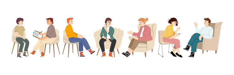 Fototapeta premium Psychological counseling group therapy session with patients and therapist vector illustration