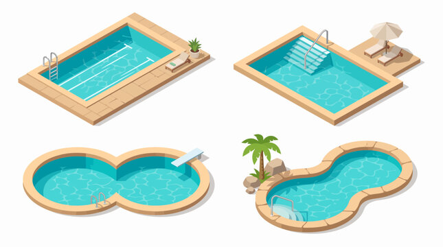 Isometric swimming pools set, featuring diverse shapes, steps, ladders, sun loungers and tropical plants, illustrating leisure resort concepts and providing assets for outdoor recreation graphics