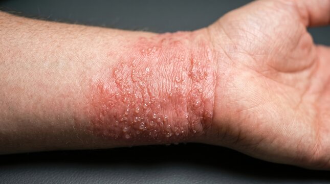 Close up of severe allergic contact dermatitis rash with tiny blisters on human wrist