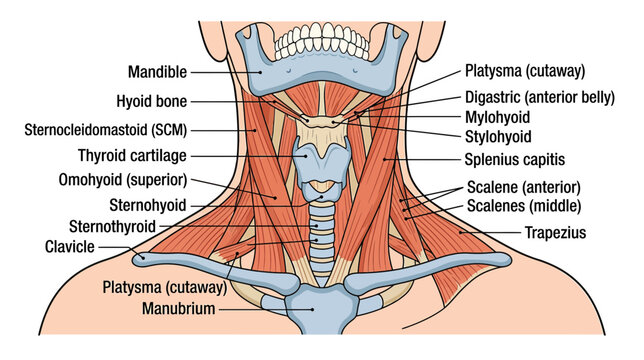 Anatomy of the Human Neck Muscles and Bones - Labeled Diagram