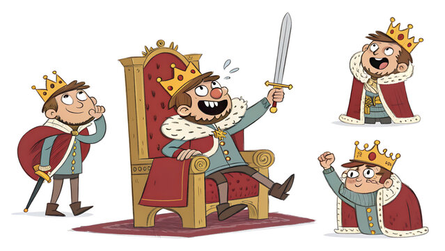 King cartoon illustration set including recognizable situations, on the throne, with sword, mad king, kissing crown