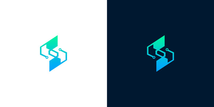 Modern digital tech logo concept with letter S circuit design on white and blue backgrounds for corporate branding