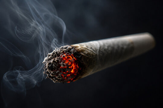 AI generated macro view of burning joint glowing ember curling smoke dark background symbolizing smoking addiction substance use combustion heat hazardous lifestyle