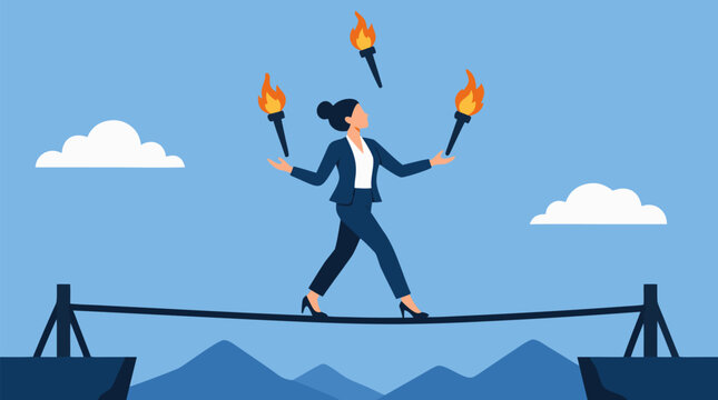 Determined businesswoman juggling flaming torches while crossing a narrow balance beam above mountains, bold risk management and multitasking leadership vector illustration for corporate pressure