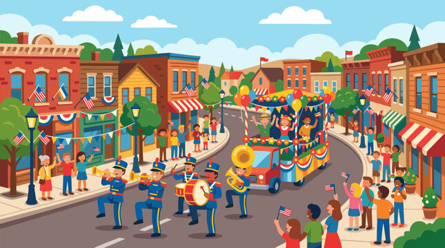 Cheerful small town parade vector illustration with marching band, decorated float, flags, balloons and smiling crowds lining festive main street on a sunny community celebration day