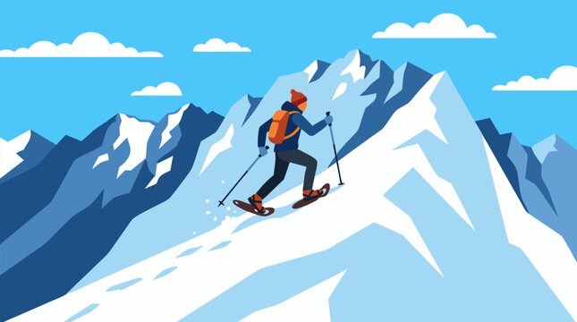 Determined snowshoe runner climbing a steep alpine ridge under bright blue sky, rugged winter mountain adventure vector with icy peaks, fresh powder, poles and summit ambition and endurance