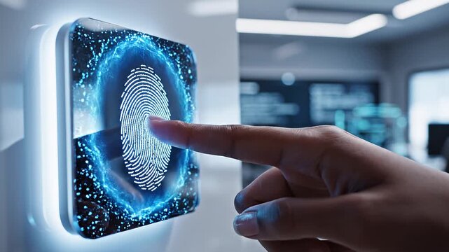Futuristic biometric fingerprint authentication on digital touch screen, secure identity verification, cybersecurity access control, AI security system and smart technology interface.