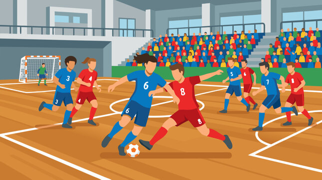 Fast indoor futsal match on a polished wooden court, blue and red players battling for the ball before cheering stands, dynamic arena action in bright flat vector illustration design