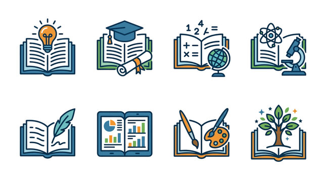 Education and learning icons set, 8 academic book illustrations, school subjects and knowledge symbols in flat line art style for e-learning