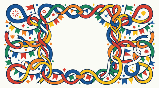 Festive ribbon and flag frame with intertwined streamers, colorful vector celebration border template for party invitations, carnival posters, birthdays, holidays and cheerful event designs