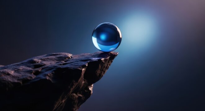 Blue glass marble on rocky outcropping with light shining behind cliff ledge