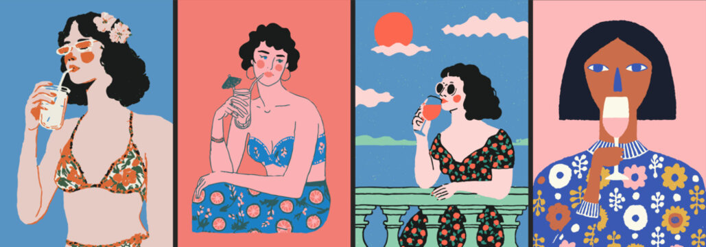 Posters with Hand drawn illustration of a women drinking. 