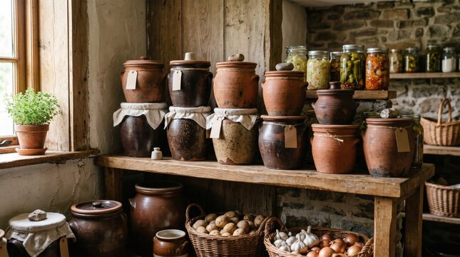 Probiotic Fermented Foods for Gut Health, Home Fermentation. Clay pots filled with probiotic fermented foods on wooden shelf in rustic kitchen with jars and herbs