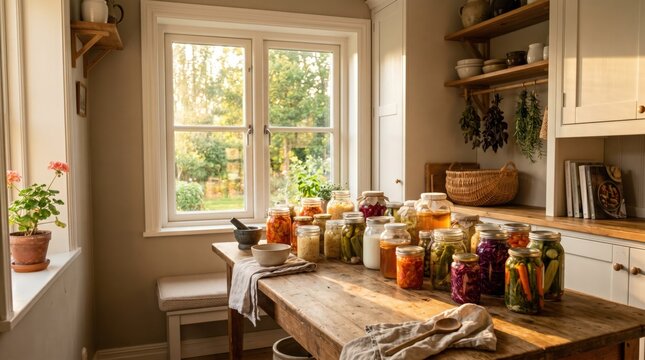 Probiotic Fermented Foods for Gut Health, Home Fermentation. Probiotic fermented foods in glass jars on wooden table in bright kitchen with natural light and garden view