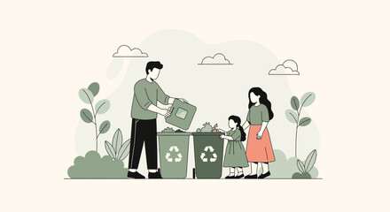 Fototapeta premium Family Recycling Waste Management - Environmental Awareness Concept
